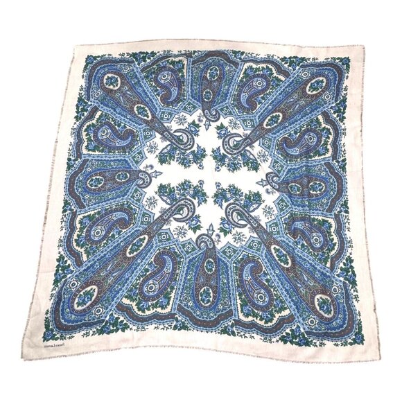 Vintage Franco Laurenti Blue & White Paisley Peacock Floral Scarf 47" X 44" Boho - Picture 4 of 6
